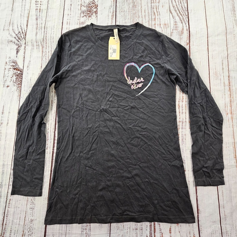 Indian River Florida Heart Black Long Sleeve Cotton T-Shirt Women's L